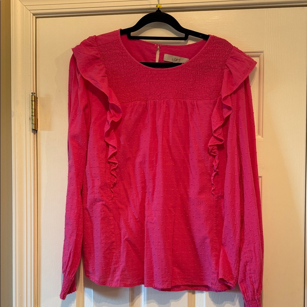 LOFT Hot Pink Ruffle-Trim Long Sleeve Blouse